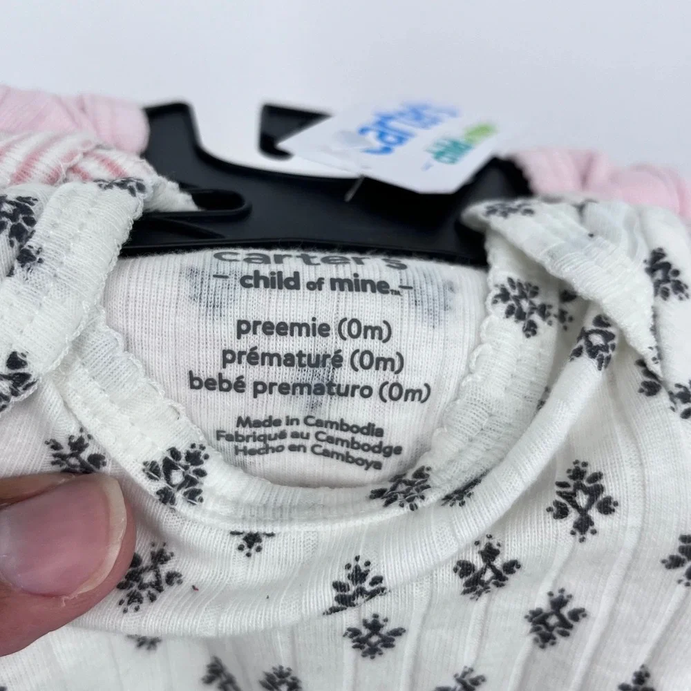 Carter's Bodysuit Baby Girl Preemie Pink White 3 Pack Ribbed Floral Stripes Snap